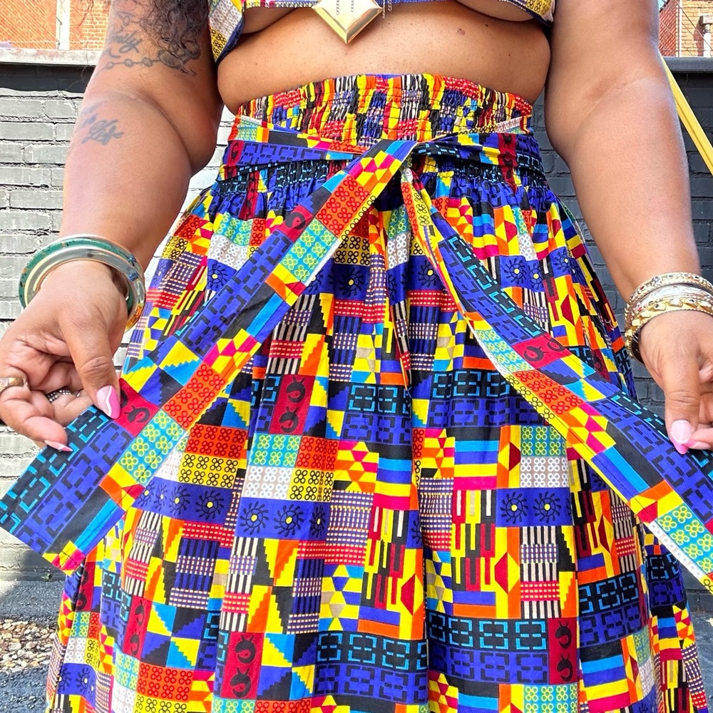 Tribal Abstract Mix Wax Print Cotton Tie Waist Maxi Skirt One Size Plus Size - Picture 10 of 12